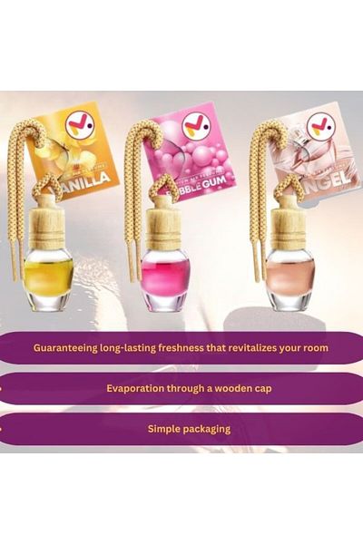 JollyMag Set 3 Odorizante Auto in Sticla cu Snur si Capac din lemn, Arome Vanilie, Bubble Gum si Angel, 8 ml