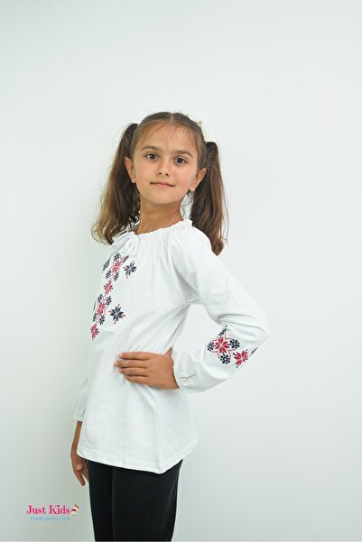 sancido Bluză cu mânecă lungă și detalii tradiționale pentru fete, albă, 8-12 ani