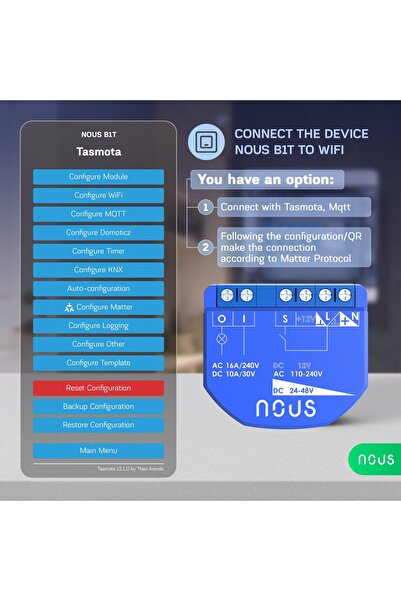 Nous Wireless relay B2T PM, 16A, Tasmota, Matter, Energy monitoring - 1 channel, ESP32