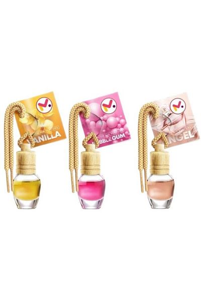 JollyMag Set 3 Odorizante Auto in Sticla cu Snur si Capac din lemn, Arome Vanilie, Bubble Gum si Angel, 8 ml