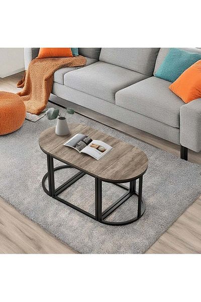AGD 3-Piece Oval Coffee Table Set, Stackable, Center Table with Metal Frame for Home and Office, Gre