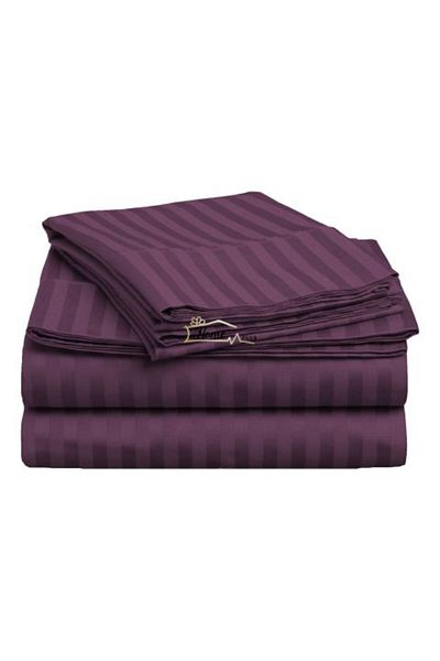 HomePuls Fitted Bed Sheet Damask Cotton 100% Stripe 1 cm, 210 x 250 cm for 160 x 200 cm mattress, Purple
