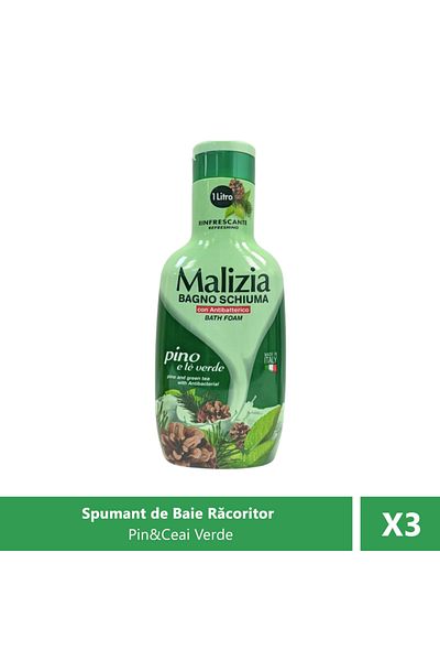 Malizia Spumant de baie cu Pin și Ceai Verde cu efect , 1000 ml X 3 Bucăți