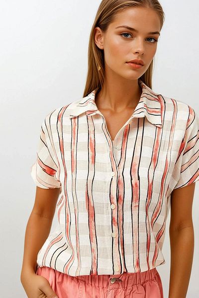 VAGGON Women's Ecru Short Sleeve Stripe Patterned Shirt Vs00686