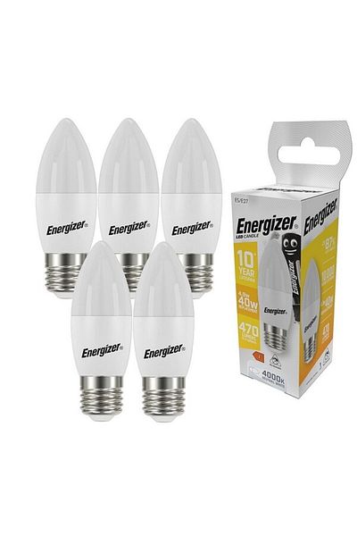 Energizer Set 5 becuri LED Energizer tip lumânare, 4.9W, E27, 470 lumeni, 4000K, lumină neutră, clasa energetică F
