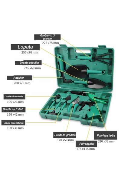 OEM Set 10 gardening accessories with storage bag, stainless steel, 37 x 28 cm, green