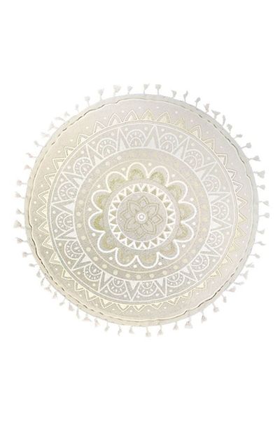 OEM Perna Decorativa de Vara Rotunda Bej cu Folie Aurie Mandala Franjuri Bej