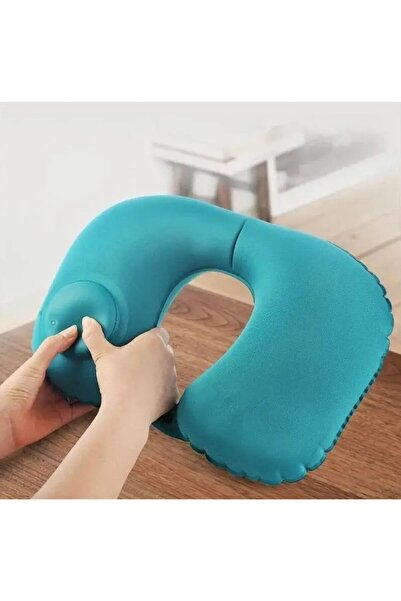 OEM Portable U-Shaped Neck Pillow, Inflate by Pressing, Velvet Material, 40 x 28 cm, Green