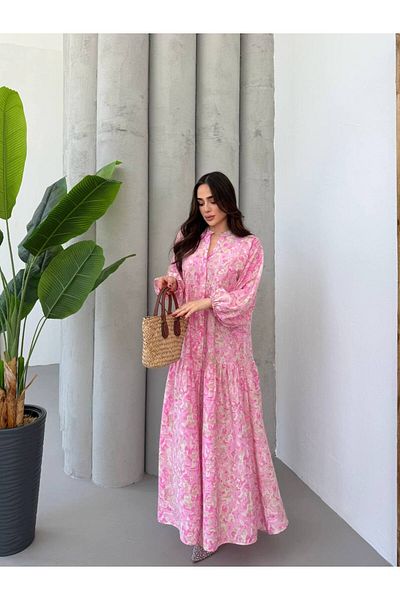PREMİER VİE Testture Pink Color Lilyum Fabric V-Neck Dress Summer