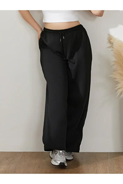 LOSSİA Pantaloni de sport negri pentru femei, de mărime mare, largi, de calit...