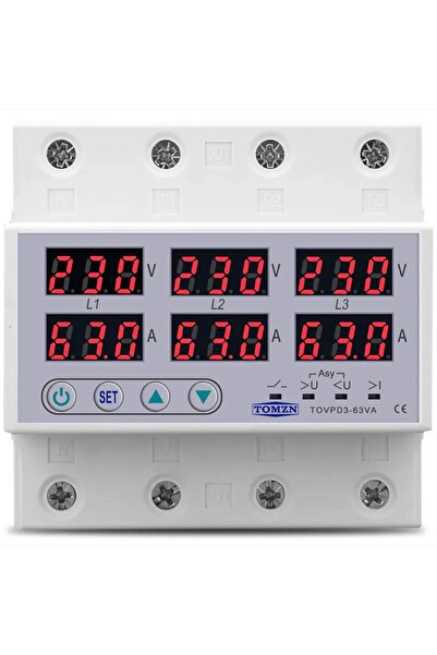 TOMZN Releu de tensiune trifazat, șină DIN, 3P+N, Voltmetru, Ampermetru, Supratensiune și subtensiune, Monitor releu