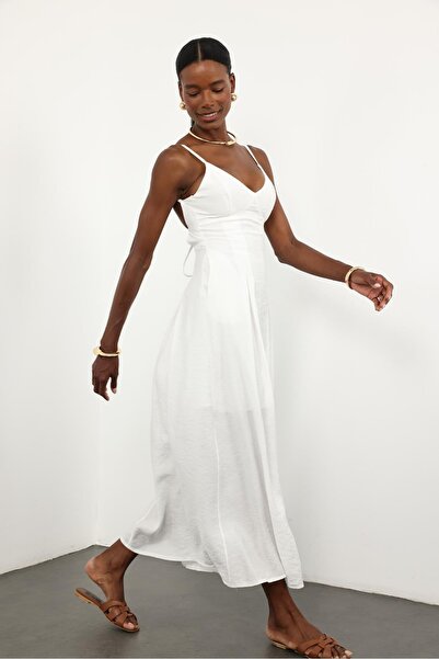 5in1Canpolat White V-Neck Back Detail Dress 12010