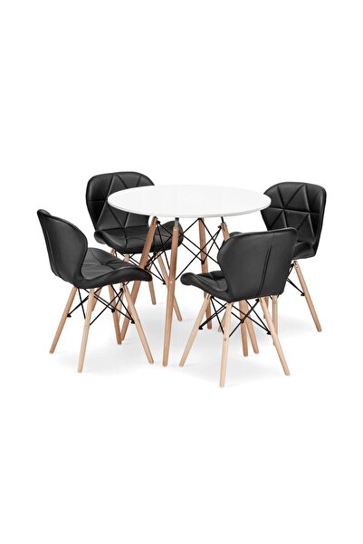 JollyMag Set masa rotunda stil scandinav + 4 scaune Lago, Artool, MDF si lemn, alb si negru, 60x50 cm
