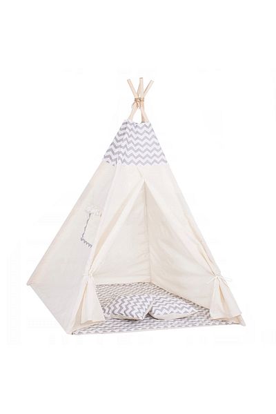 SERSIMO Indian style children's Teepee Tent with window, thick mat and 2 pillows, light gray white