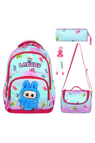 BGT BEGATİ Labubu Patterned Triple Children's Primary School Bag Special Fabric (Bag.Thermal Lunch.Pencil Holder)