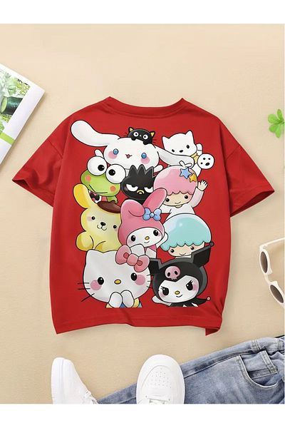 Touz Moda تي شيرت كبير الحجم للجنسين بتصميم H Kity Friends Kids