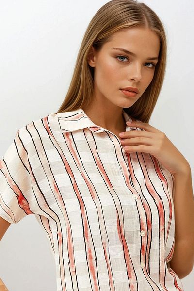 VAGGON Women's Ecru Short Sleeve Stripe Patterned Shirt Vs00686