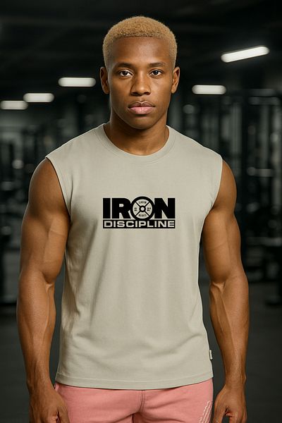 BESSA Бежов спортен атлетичен велосипеден яка памучен Iron печат без ръкави потник за фитнес за мъже