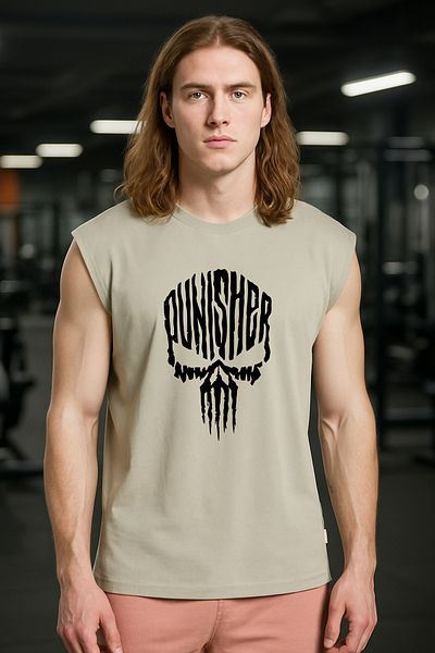 BESSA Tricou/singlet sport fără mâneci din bumbac oversize bej imprimat pentru bărbați