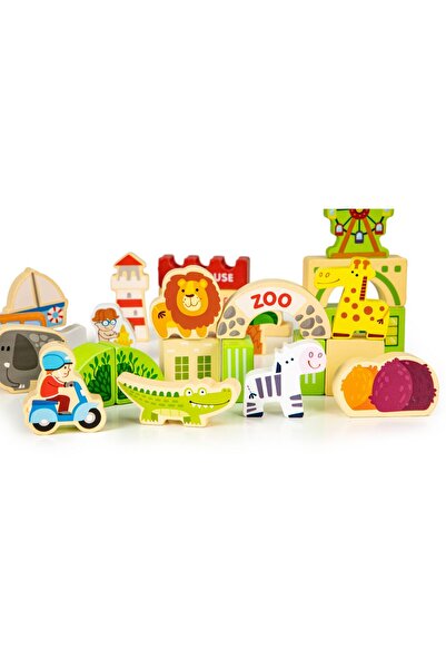 İSP Wooden Cube Construction Set 120 Pieces "Wooden Town", ZOO, Motor Development and In