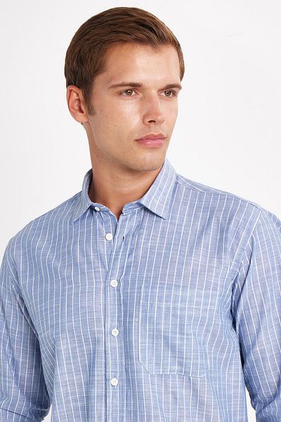 Tudors Men's Regular Fit Classic Cut Long Sleeve 100% Cotton Linen Texture Single Pocket Striped Blue Shirt