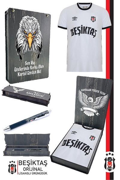 Beşiktaş طقم هدايا أصلي مرخص من نوستالجيا للأطفال باللون الأبيض + مجموعة أقلام حبر جاف هجينة