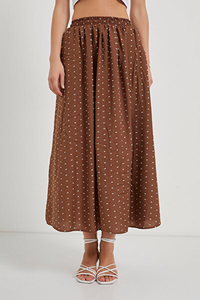 Arma Life Women's Jacquard Elastic Waist Brown Long Flared Skirt