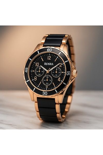 REDz Accessories Ceas elegant pentru femei, brățară ceramică, finisaj metalic, stil casual-elegant, negru-roz auriu