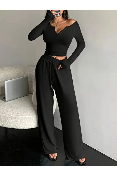 LOSSİA Γυναικείο μαύρο φαρδύ παντελόνι μεγάλου μεγέθους, χαλαρή εφαρμογή, ποι...