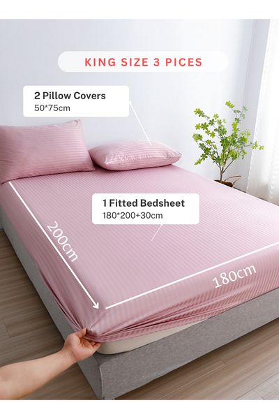 LUNA HOME 3 Pcs King Size Fitted sheet with elastic corner 180*200+30cm with 2 pillow cases, Light old Rose..