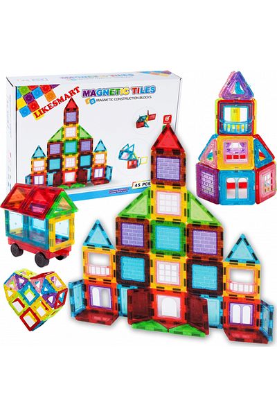 MalPlay Set de constructie Magnetic Tiles, MalPlay, 45 piese 3D, Multicolor
