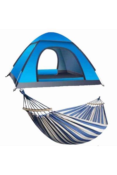 Mercaton Set Mercaton, Automatic Tent 3-4 Persons 200x200x135 cm, Waterproof, UV Protection, Blue with Wooden