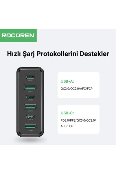 Rocoren 60W 3*Type-C ve 3*USB-A 6 Portlu Şarj Cihazı Masaüstü Şarj İstasyonu