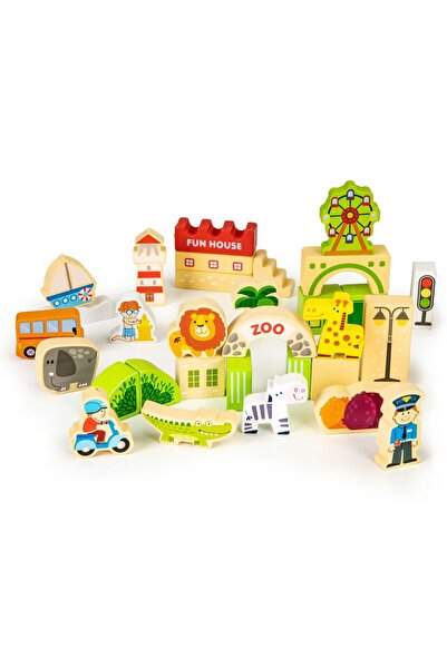 İSP Wooden Cube Construction Set 120 Pieces "Wooden Town", ZOO, Motor Development and In