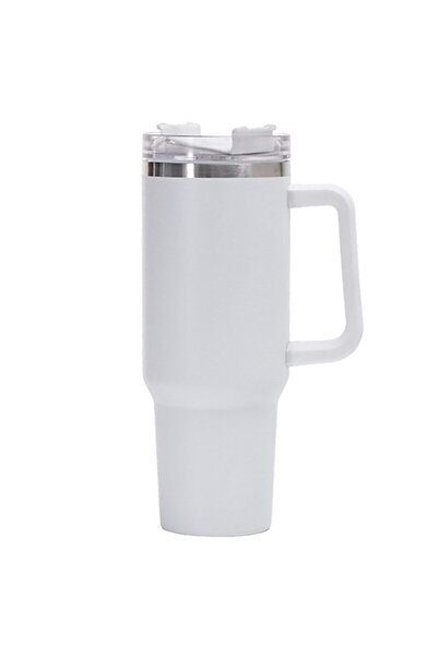 FEN Cana Termos din Plastic, pentru Bauturi Calde si Reci, cu Maner, 9.9x9.9x27 cm, Alb