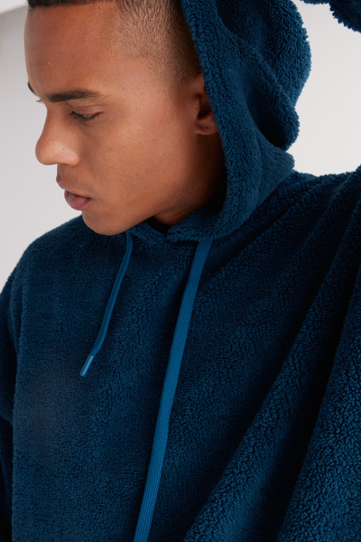 AC&Co / Altınyıldız Classics Erkek Petrol Oversize Bol Kesim Kapüşonlu Sherpa Sweatshirt Polar