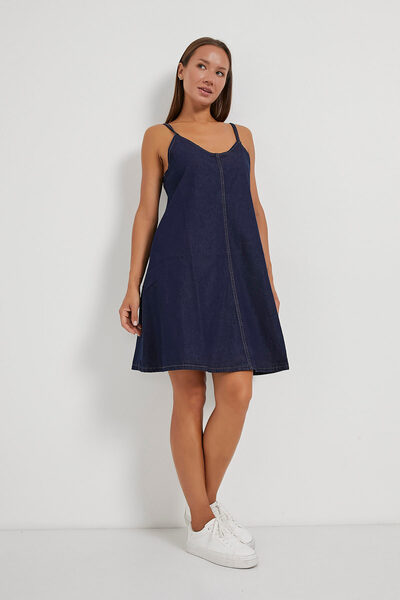 Arma Life Women's Thin Strap Summer Loose Navy Mini Denim Dress