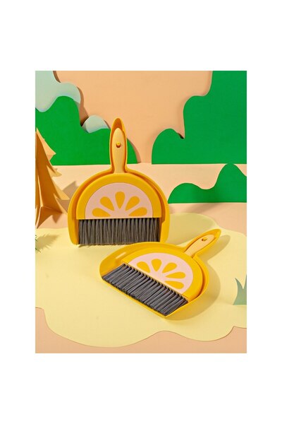 Flo Mini Broom and Dustpan Set, Household Use, for Office, Kitchen, Home, Lemon Pattern, Yellow-Orange