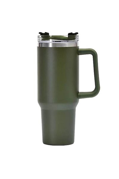Flo Plastic Thermos Mug for Hot and Cold Drinks, with Handle, 9.9x9.9x27 cm, Army Green