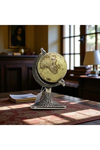 Kuzey Tacı Antik Tarz Dekoratif Dünya Küresi – Gümüş Desenli Standı Eğitici V...
