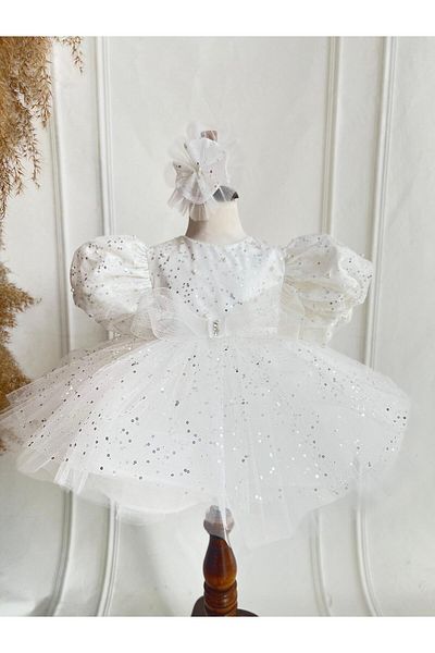Hobidik Rochie de aniversare Tutu pentru fetiță cu detaliu fundă cu sclipici albe