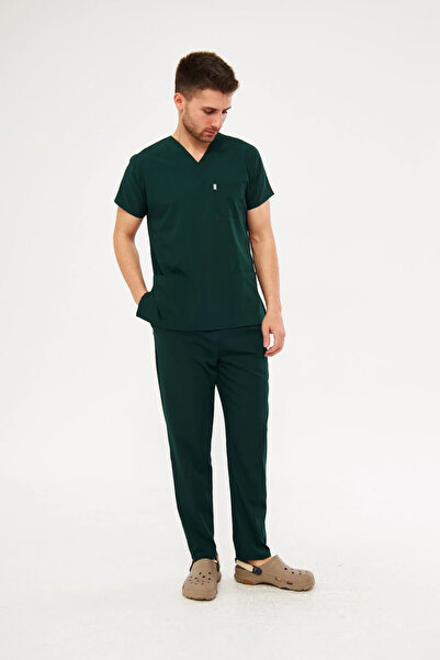 Class Üniforma Avcı Yeşili Likralı Erkek Yarasa Kol Hemşire Ve Doktor Forması Takımı Scrubs