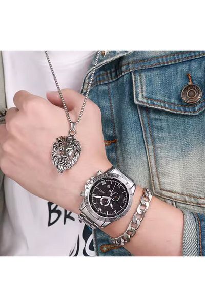 REDz Accessories Men's Watch, Stainless Steel, Chain Bracelet, Lion Chain, Masculine Style, Silver