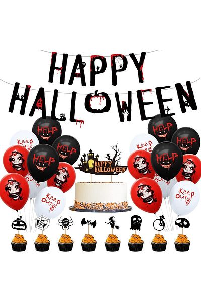 Tomicy 32-piece Halloween party set, paper/latex, red/white/black