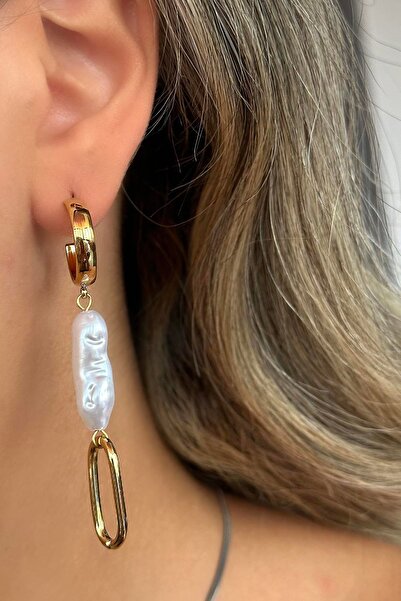 TAKIŞTIR Gold Color Pearl Detailed Steel Earrings (Pair)
