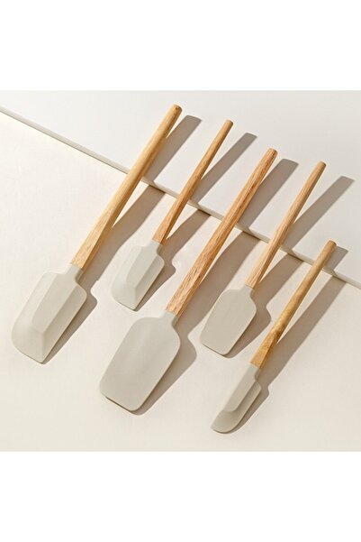 Flo Set 5 Ustensile de Bucatarie, din Silicon si Lemn, Spatule de Diferite Dimensiuni, Termorezistente,