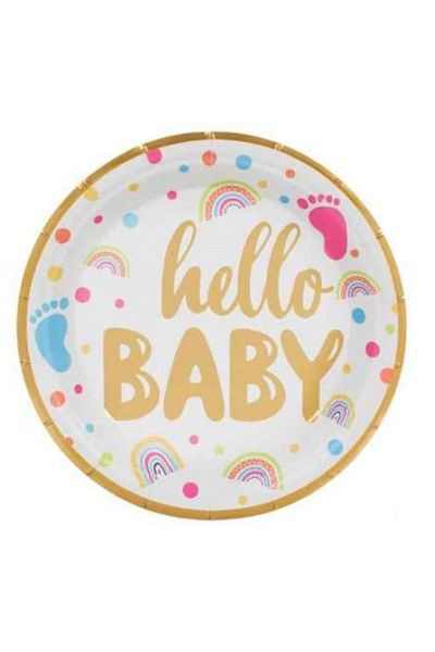 OEM Farfurii albe din hârtie pentru petrecere de baby shower cu folie aurie Hello Baby 18cm - 6 buc