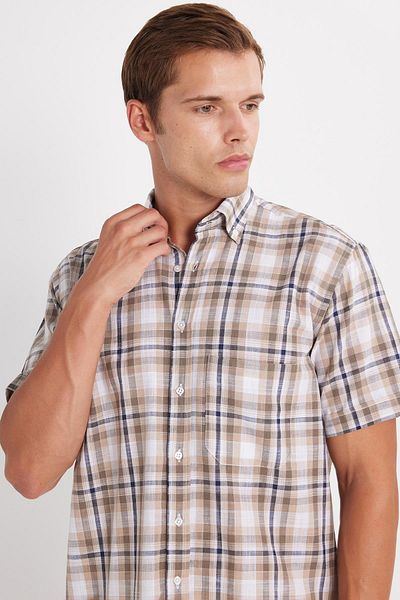 Tudors Men's Regular Fit Classic Cut 100% Cotton Linen Texture Pocket Checked Short Sleeve Buttoned Collar Shirt
