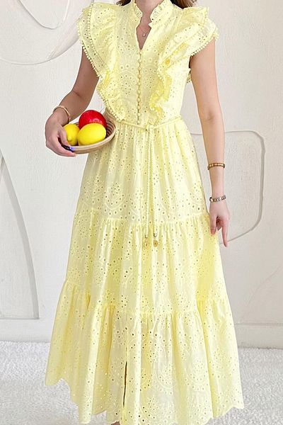 Elbee Fashion Woman Ruffled Buttoned Dress