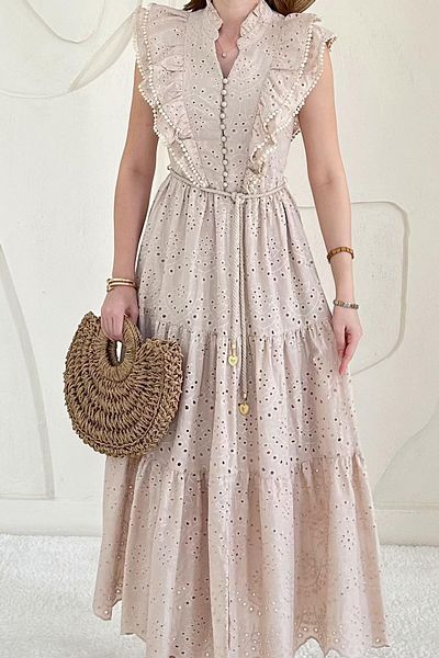 Elbee Fashion Woman Ruffled Buttoned Dress